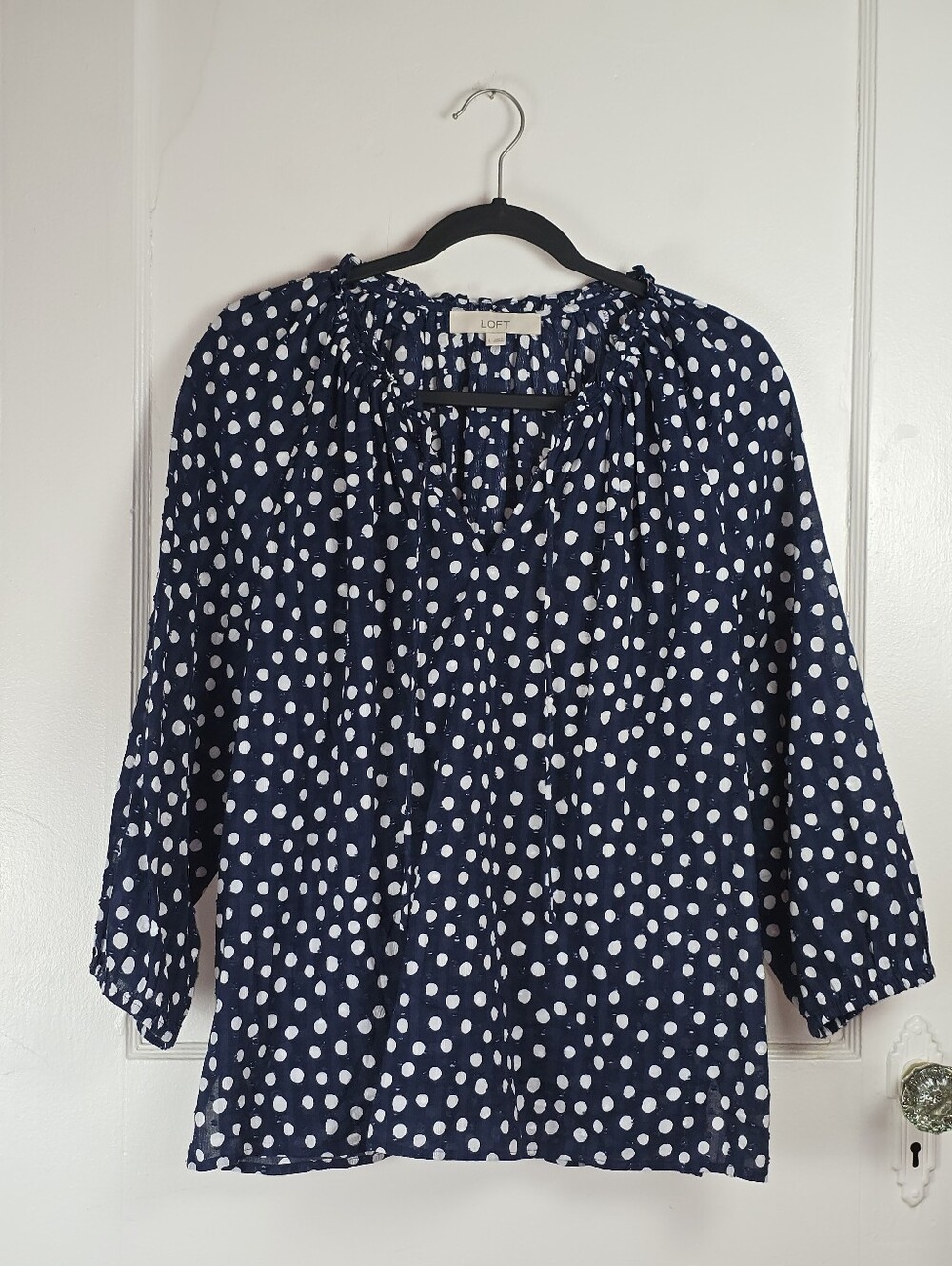 LOFT Navy and White Polka Dot Boho Ruffled Peasant Blouse Like NEW L
